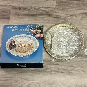 Silver plated with crystal Relish Tray. Includes silver cocktail fork.